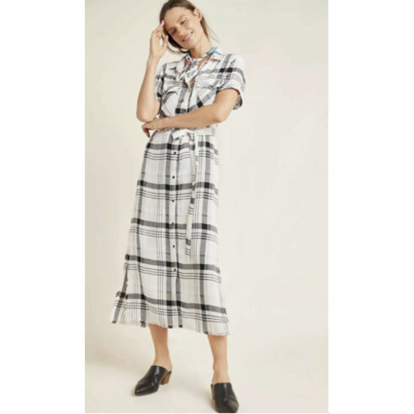 Anthropologie Cloth & Stone Hannah Midi White Plaid Button Down Shirt Dress Sz S - Picture 1 of 11